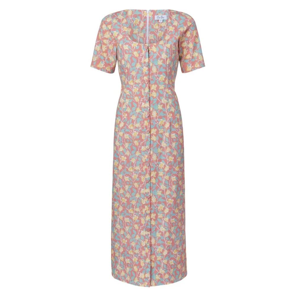 NWT Coco Shop Mod Midid Dress in Coral Bougainvillea Button Front Floral Pink M